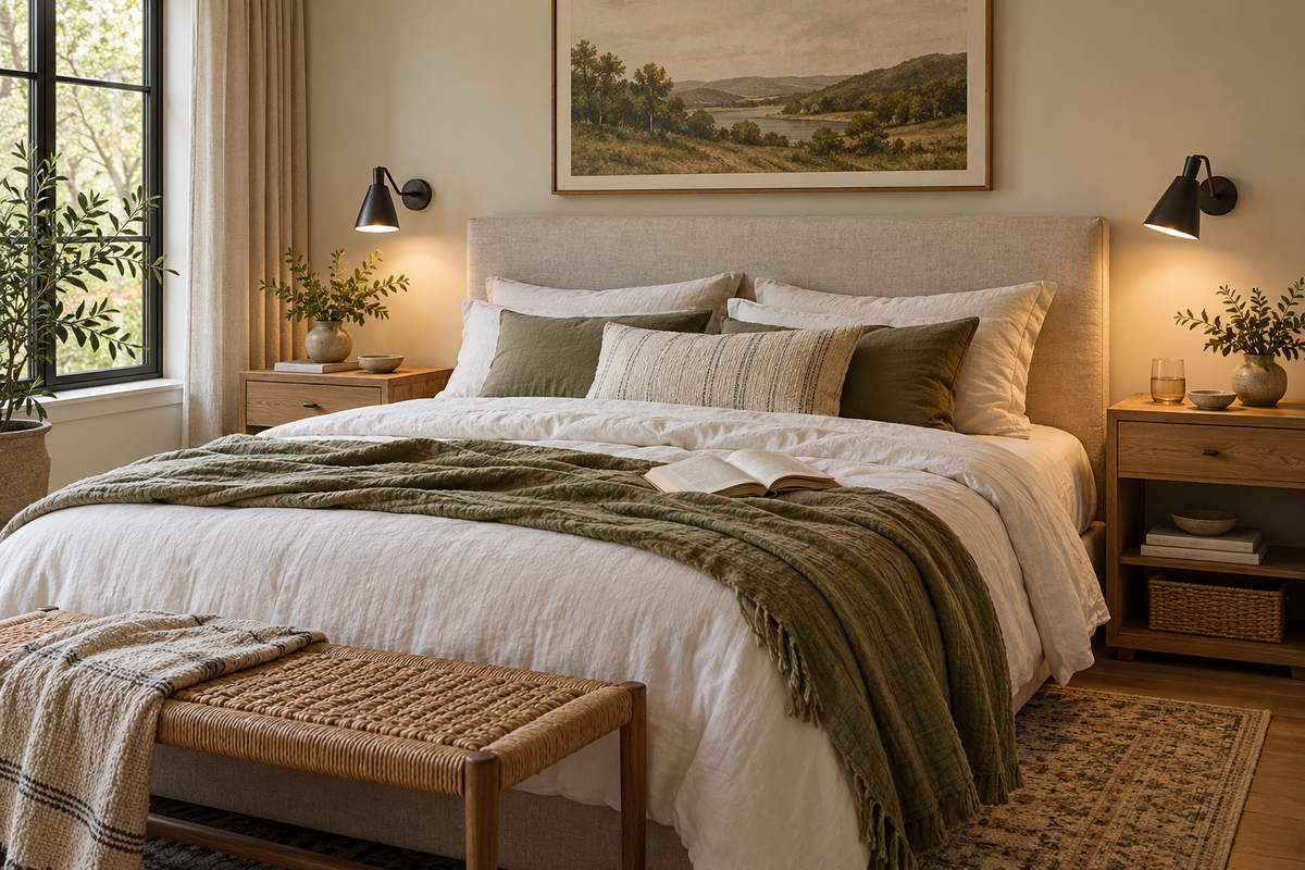 Bedside sconces beside an upholstered headboard, editorial illustration