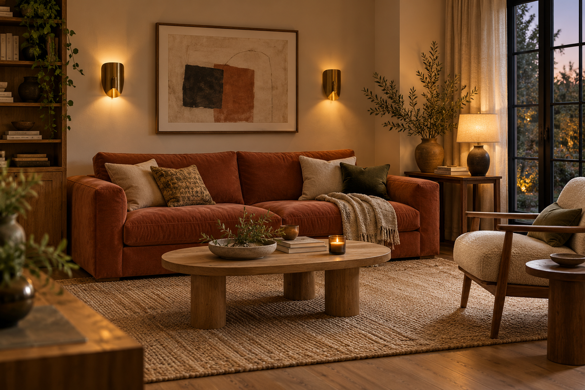 Living room with wall sconces framing artwork above a sofa, editorial illustration