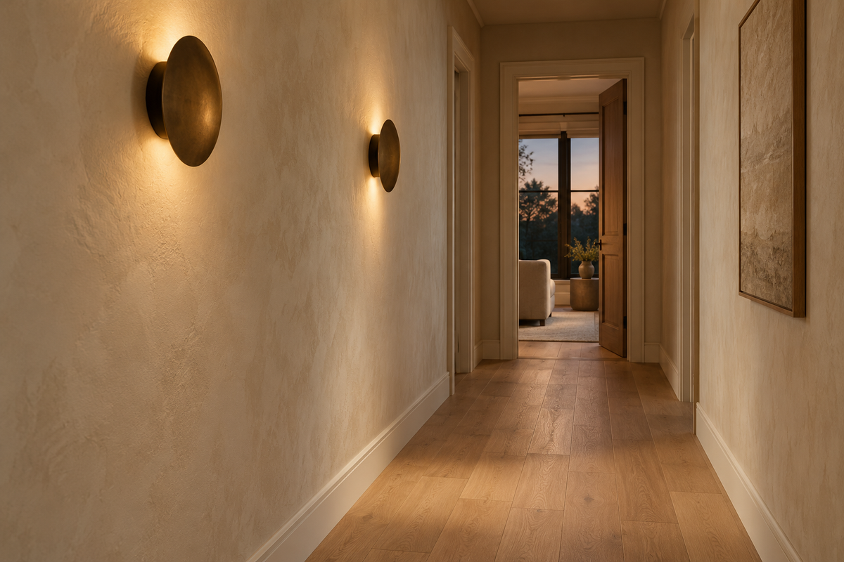 Shallow wall sconces along a narrow hallway, editorial illustration