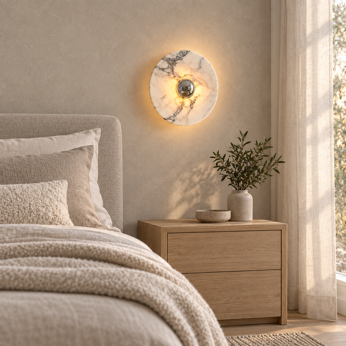 Talemio marble wall sconce lit above an oak nightstand beside a made bed at dusk
