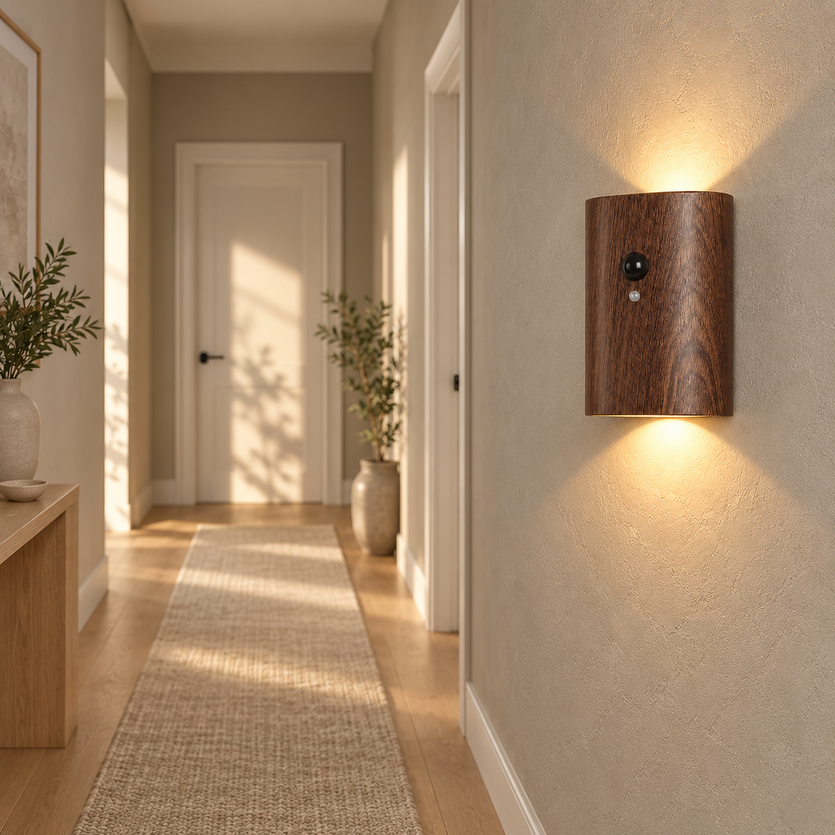 Orimane dark wood wall sconce lit on the plaster wall of a narrow hallway with an oak floor and linen runner