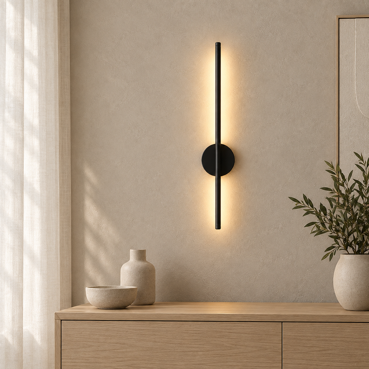Nedrila black linear wall sconce lit on a bare plaster wall beside a pale oak console