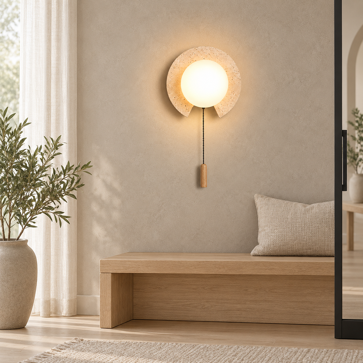 Teselma travertine wall sconce lit on a plaster wall above an oak bench, its stone disc showing natural pits