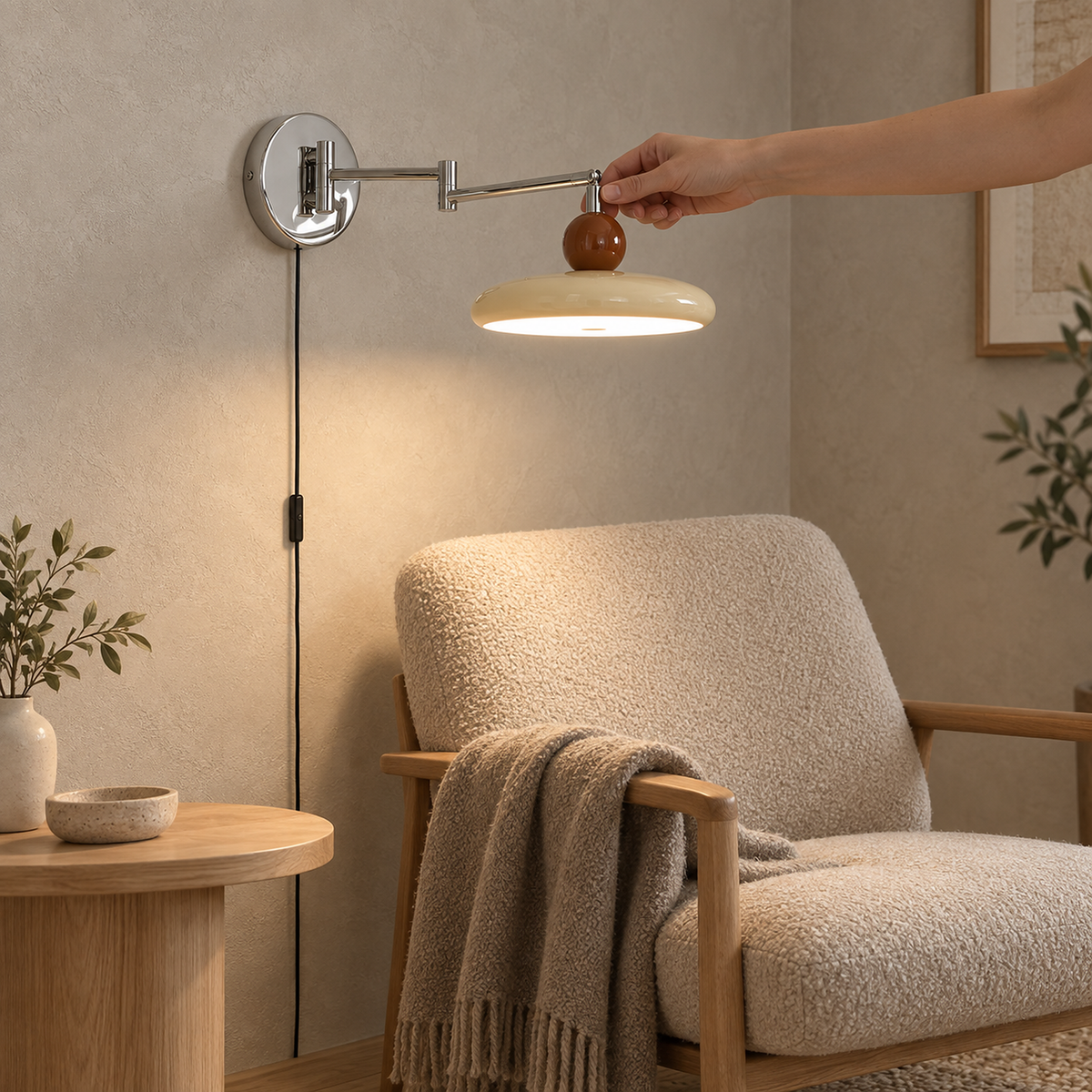 a hand repositioning the lit Tovessi beige swing arm wall lamp above a library chair
