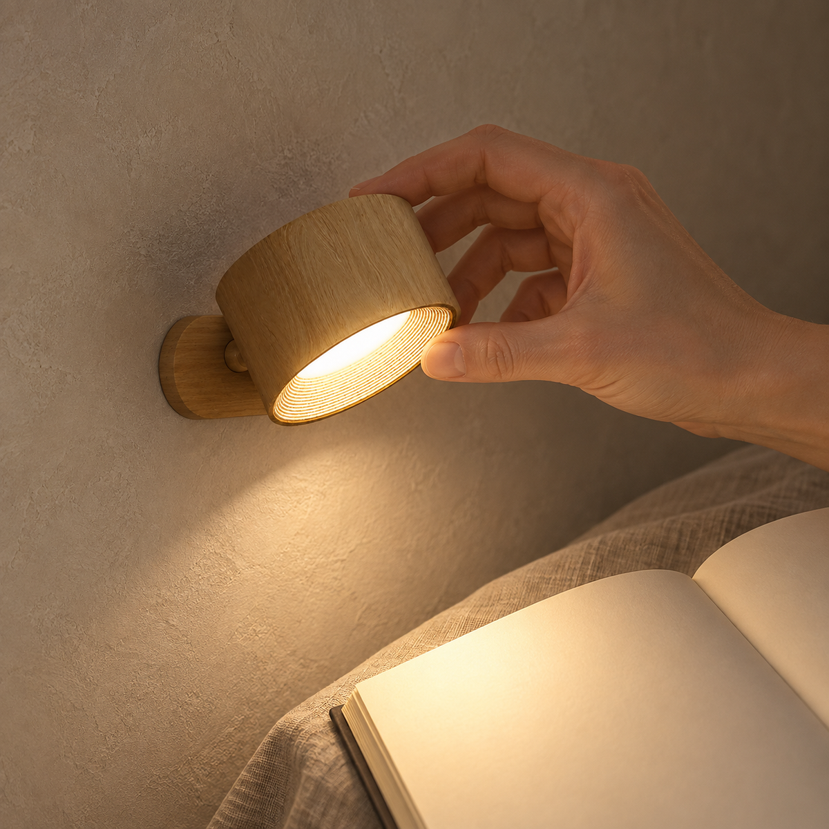a hand tilting the Caviloro bedside lamp in wood effect toward an open book by the bed