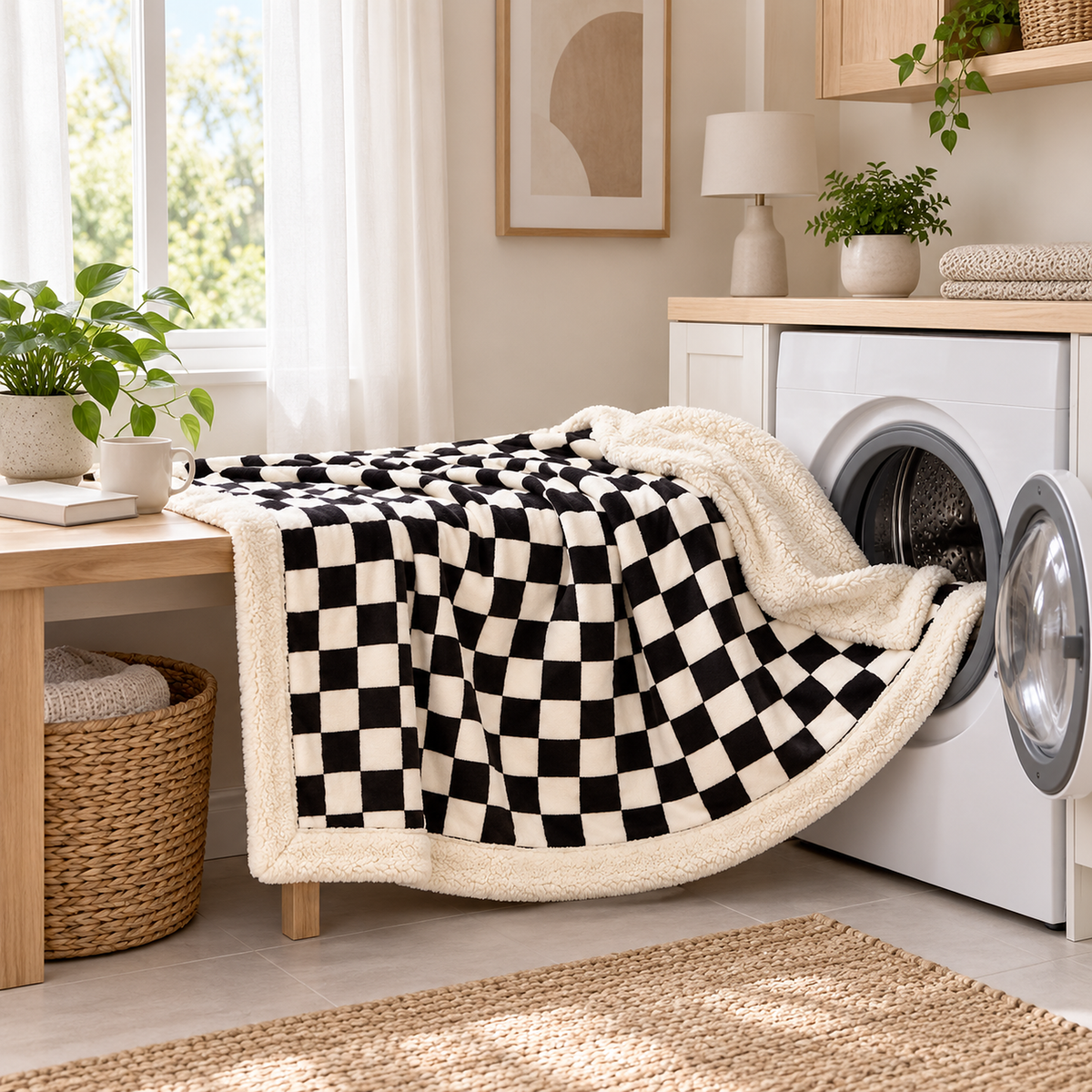 Amelvi black machine washable fleece throw blanket beside an open home washing machine in a utility room