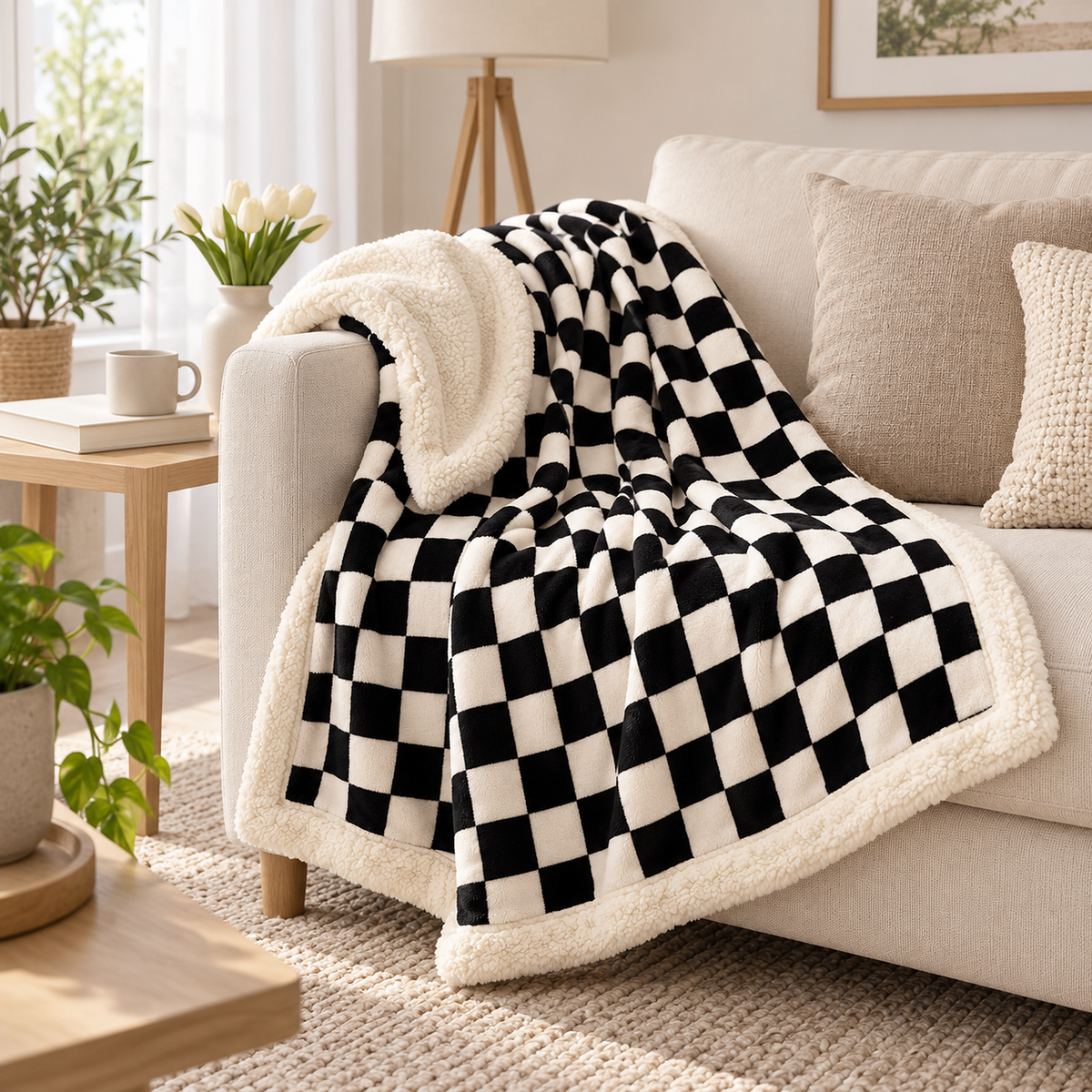 Amelvi black plush throw blanket in a checkerboard pattern draped over an ivory sofa arm