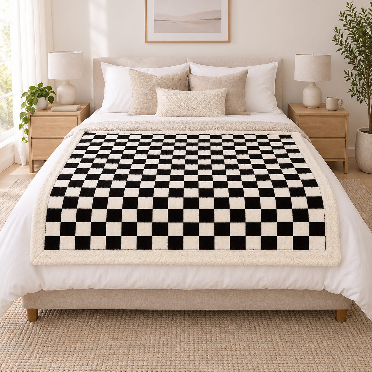 Amelvi black throw blanket spread open across the foot of a queen bed in a bright bedroom