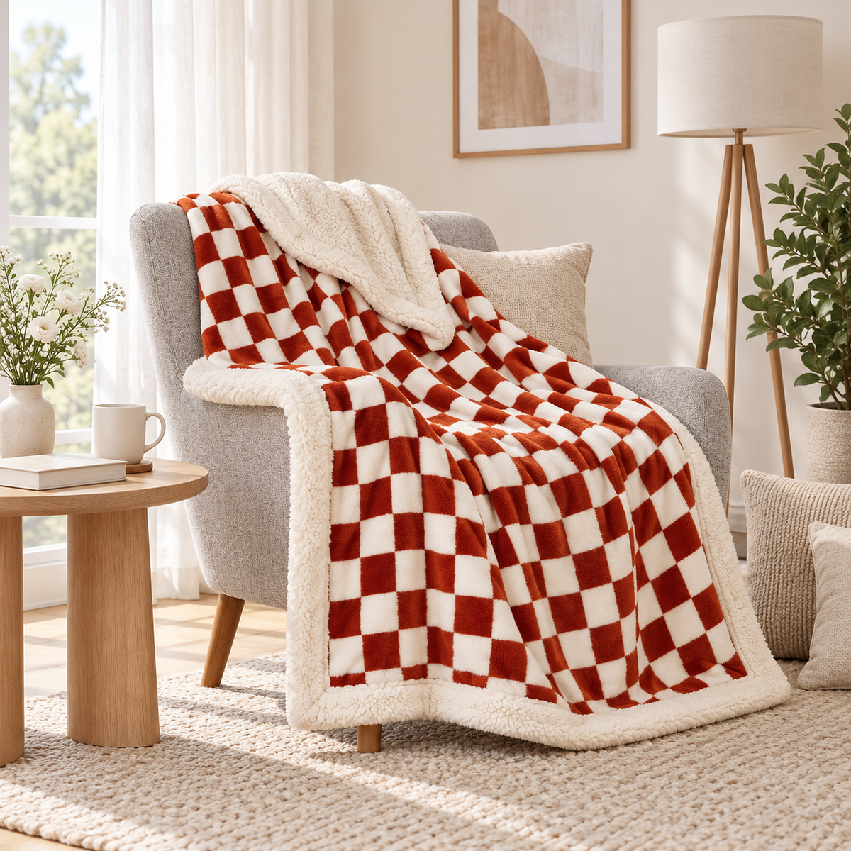 Amelvi red fleece throw blanket with a checkered print draped over a chair in a sunlit sitting nook #color_red