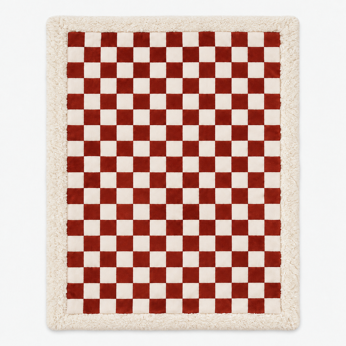 Amelvi red plush throw blanket laid open with a contrasting cream border around the checkerboard #color_red