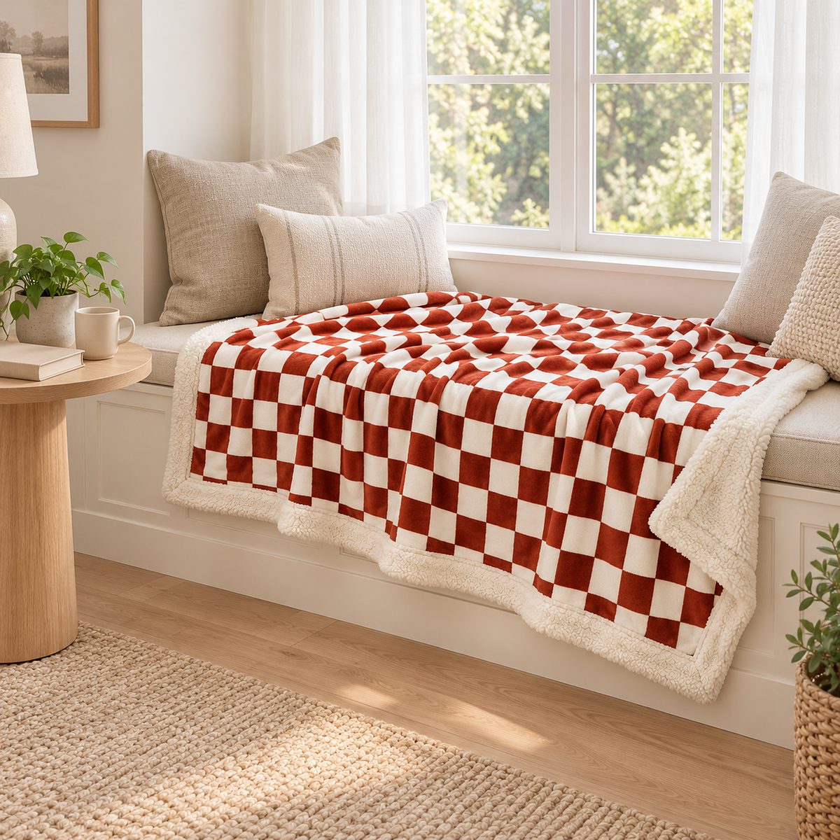 Amelvi red soft throw blanket dressing a bright landing window seat in a checkerboard pattern #color_red