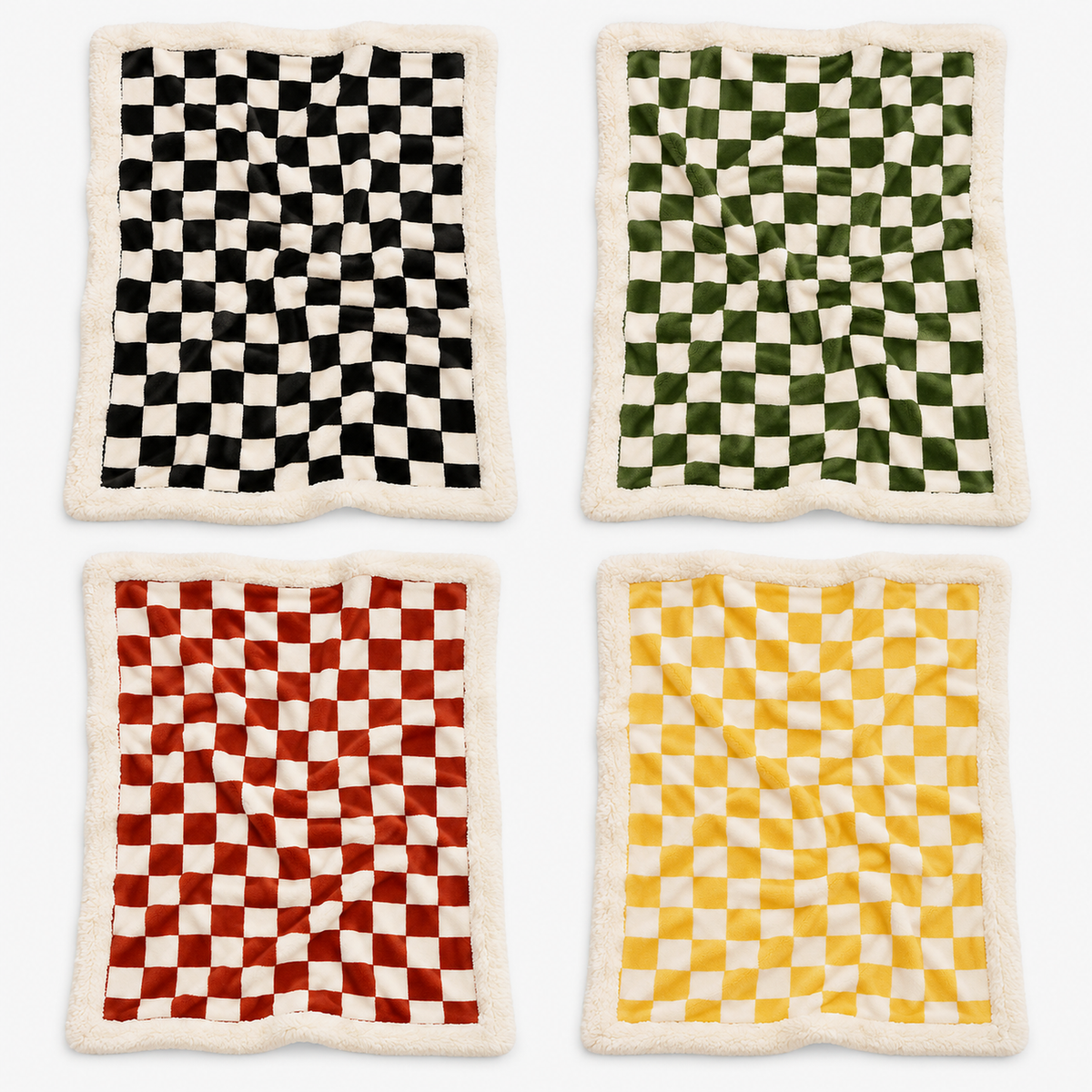 Amelvi throw blanket in black, green, red and yellow checkerboard designs shown together
