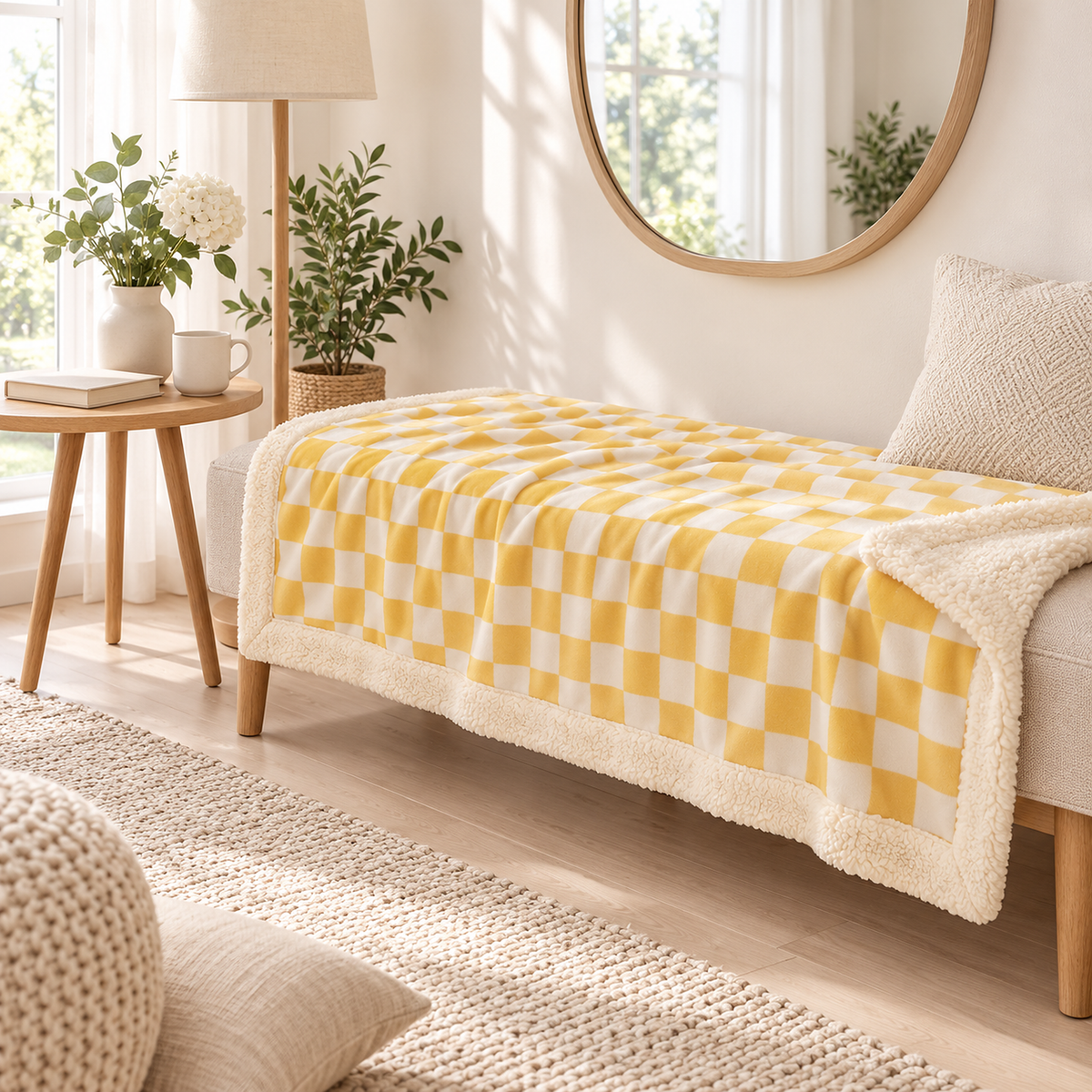 Amelvi yellow reversible sherpa blanket in bold checks spread across a pale dressing bench #color_yellow