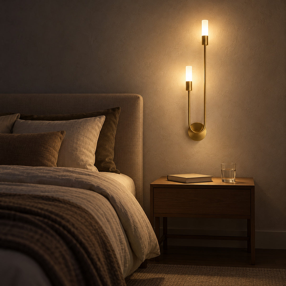 Amolven gold wall sconce glowing across the alcove wall after dark beside the bed