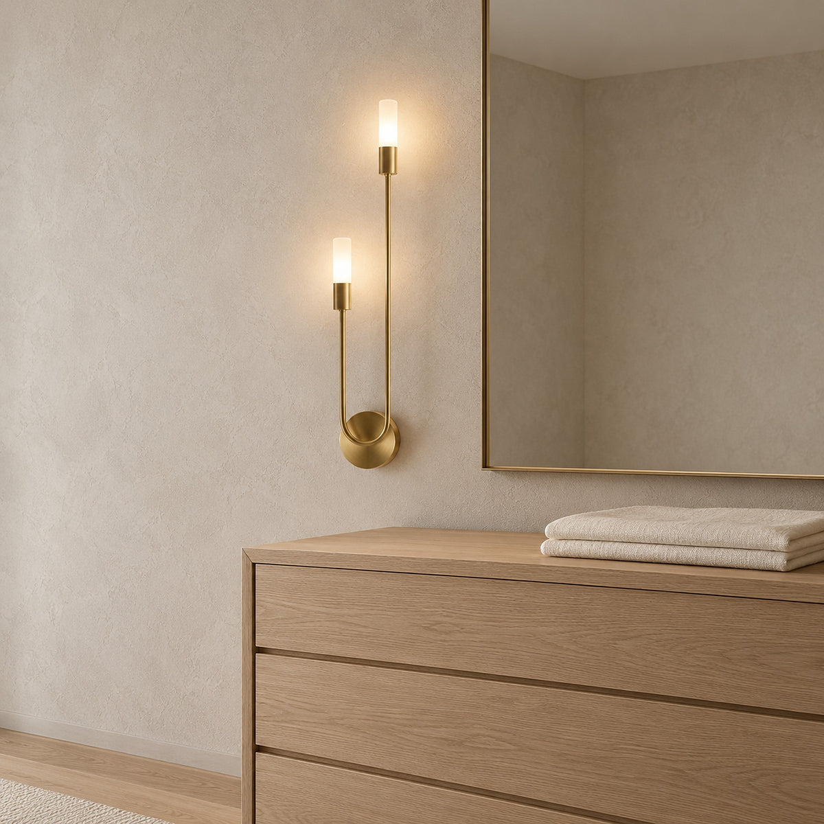 Amolven gold wall light switched on beside a dressing room mirror in soft daylight