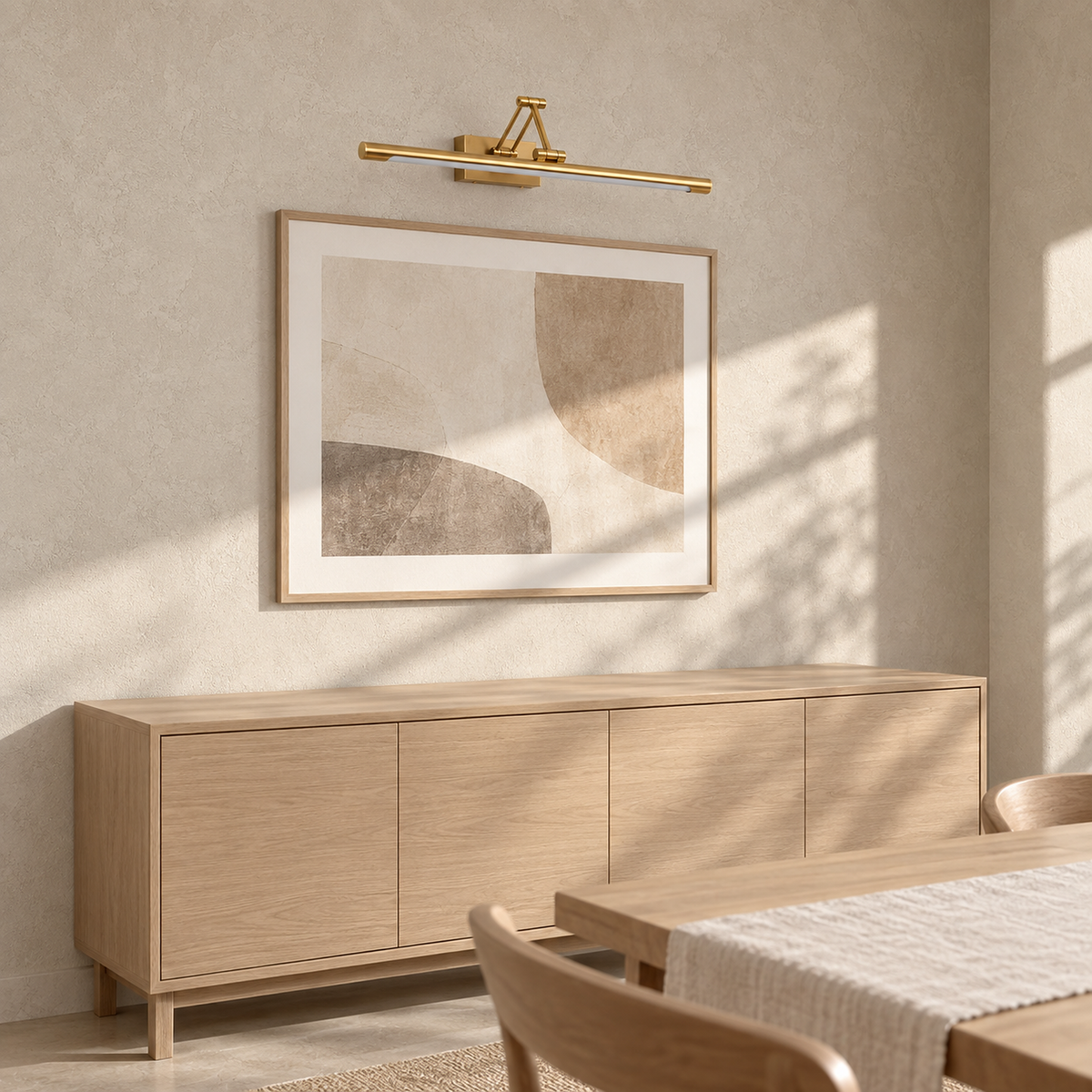 Anterilo gold battery operated wall sconce above dining room art in direct daylight