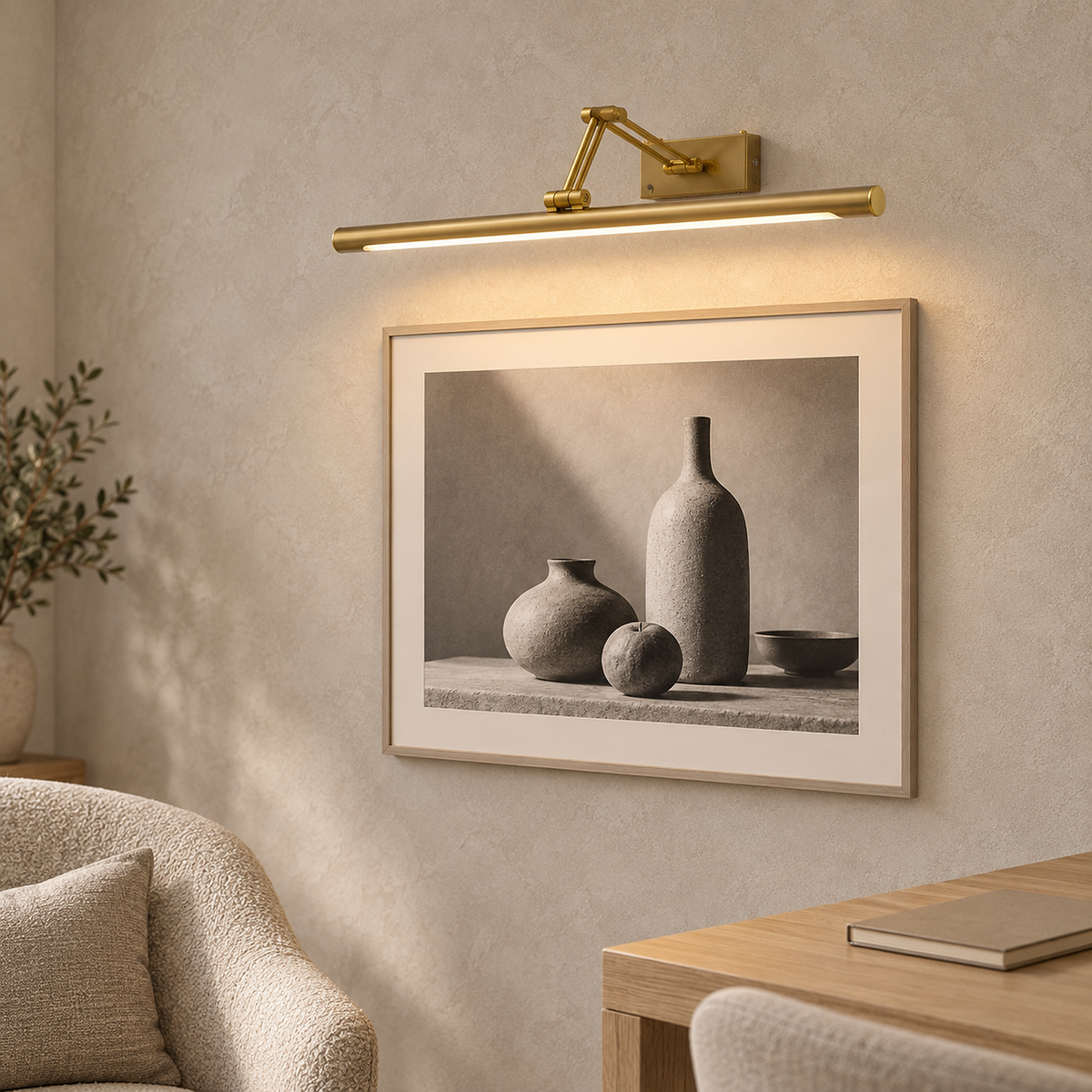 Anterilo gold battery operated wall sconce casting warm light on a framed photograph in a study
