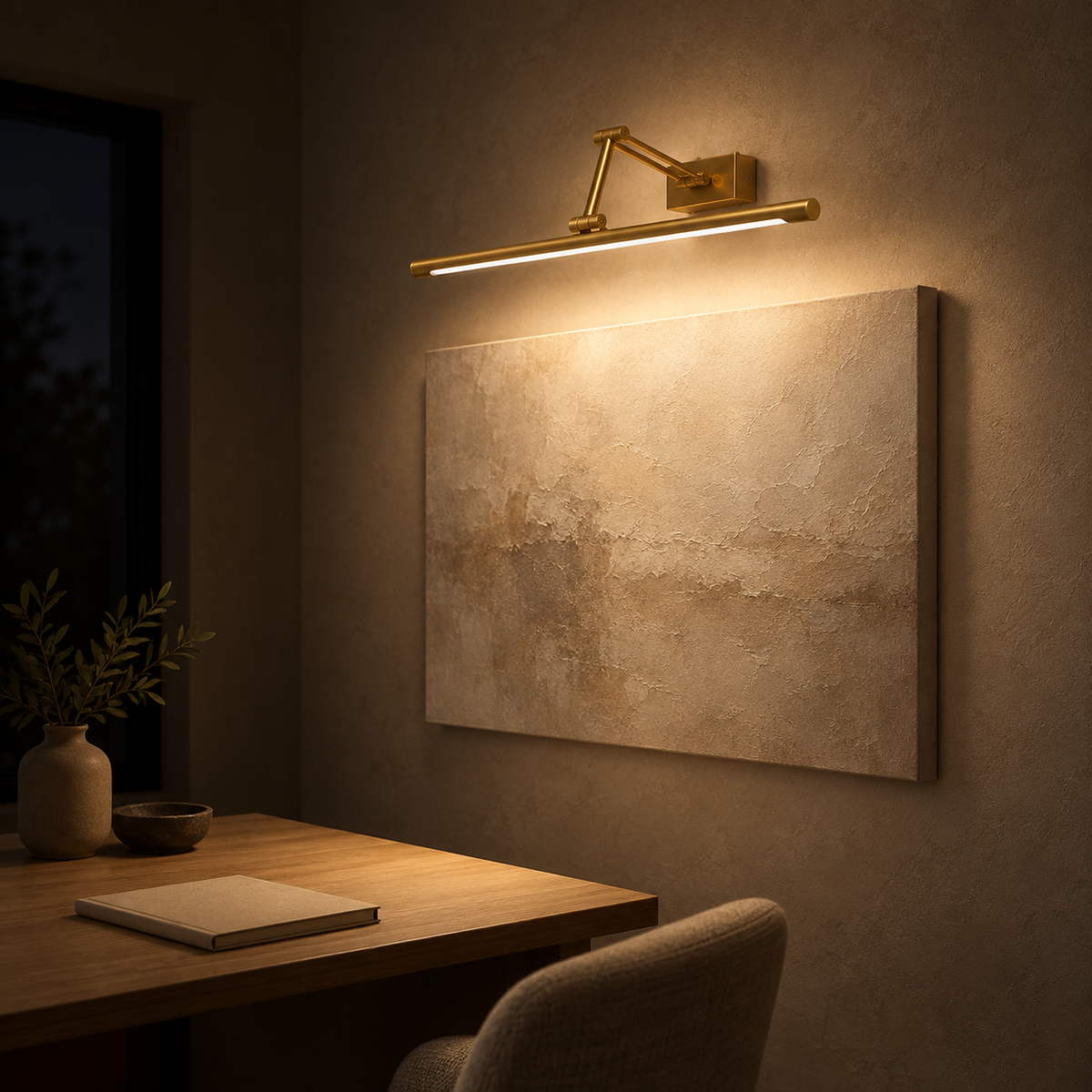 Anterilo gold cordless wall lamp illuminating a boxed canvas in a study at night