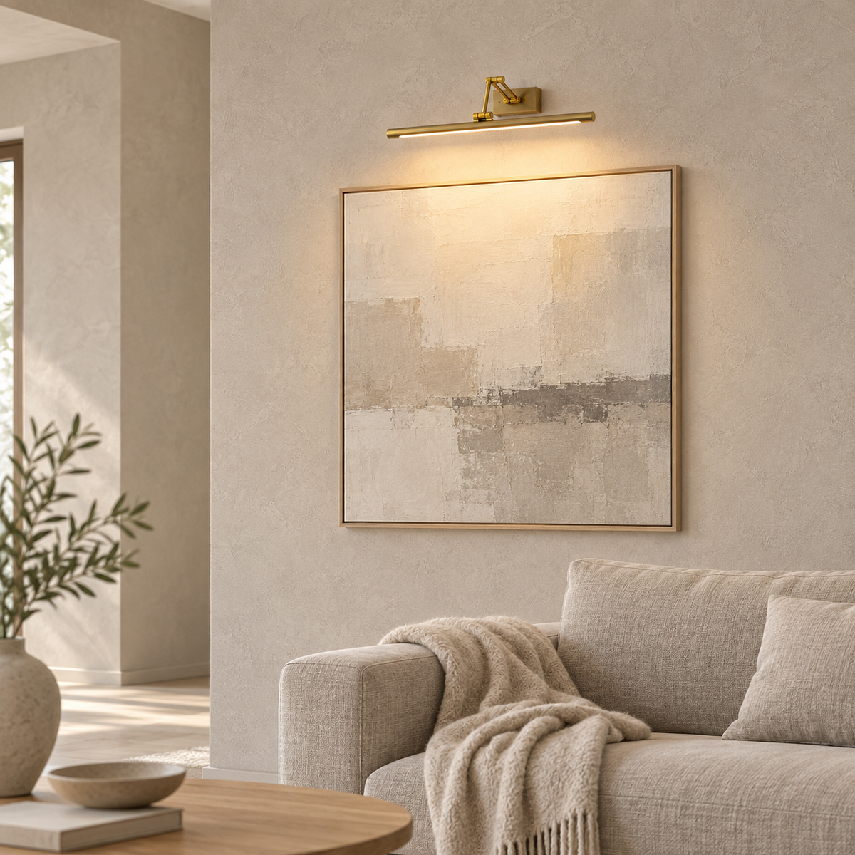Anterilo gold rechargeable wall sconce casting warm light over a living room painting