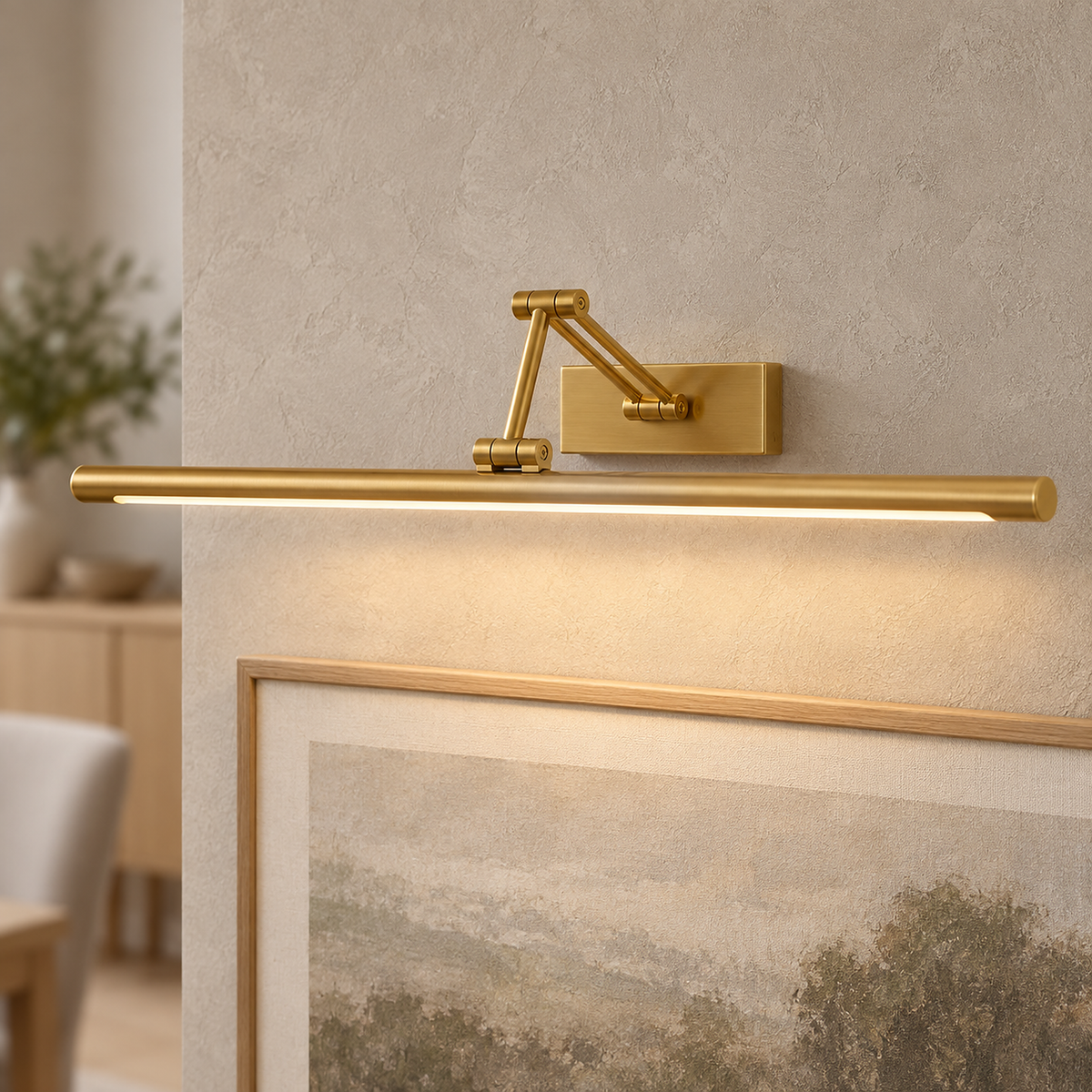 Anterilo gold rechargeable wall sconce showing the mounting base and arm above artwork