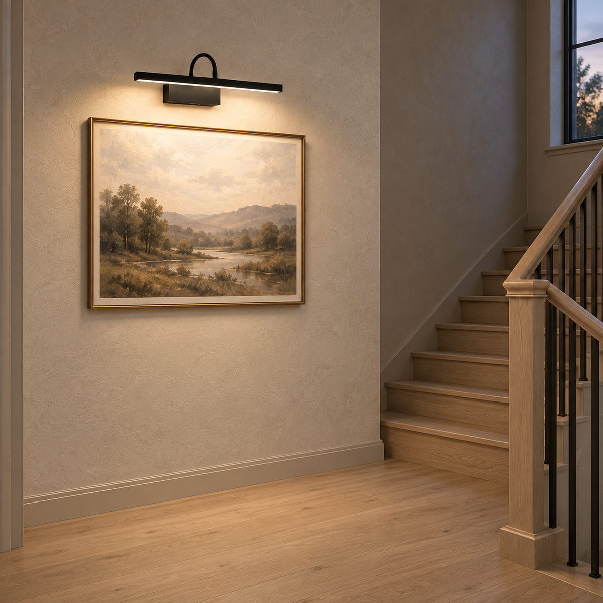 Anvelio black cordless wall lamp mounted above a framed print in a narrow hallway with no table