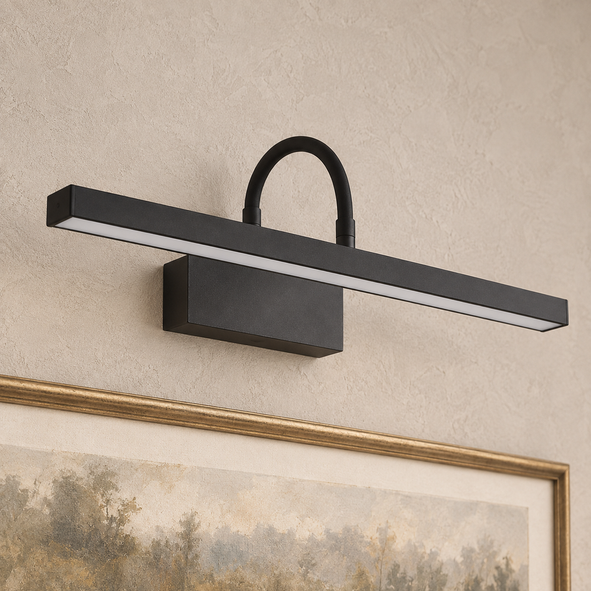 Anvelio black LED wall sconce close up on its underside diffuser and curved arm