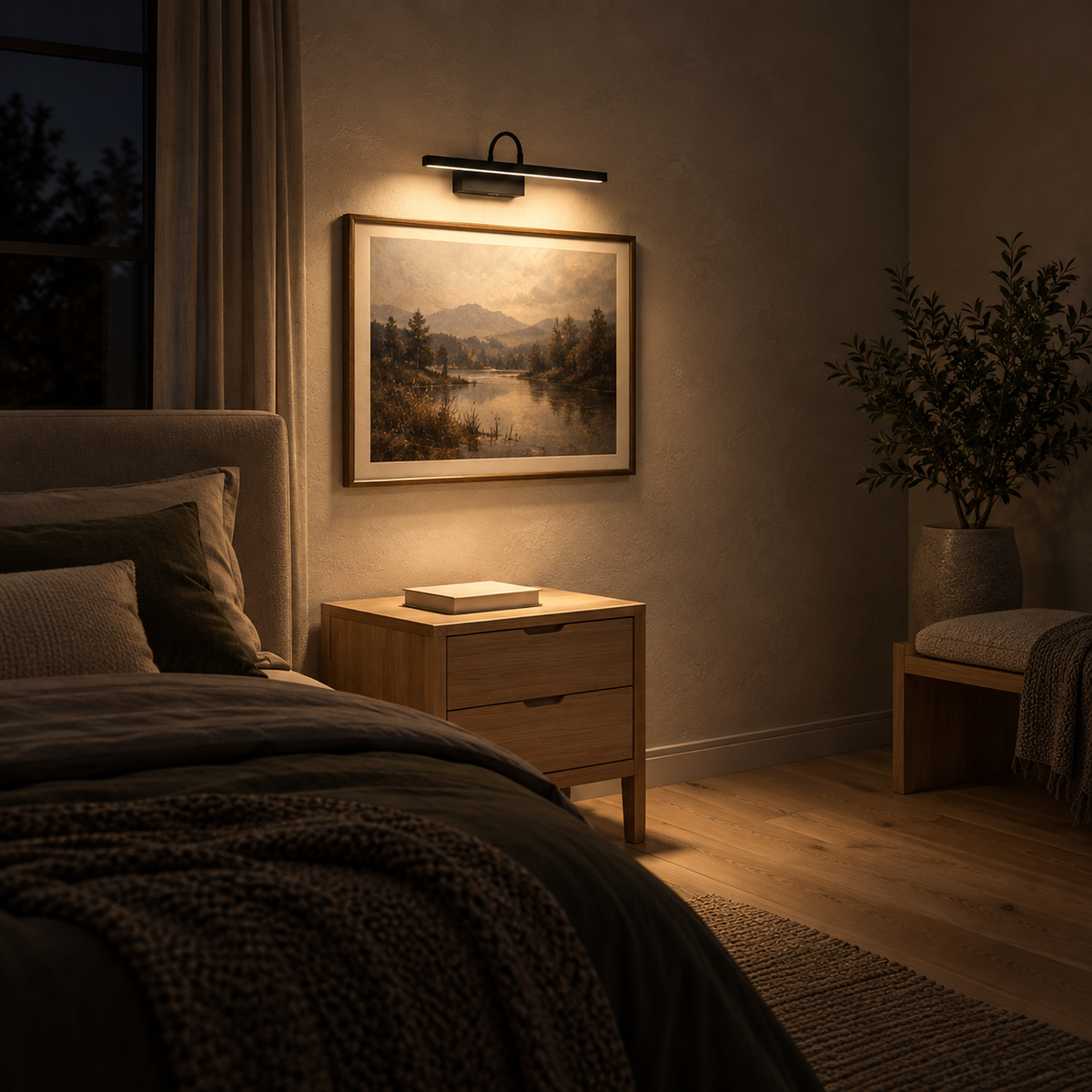 Anvelio black rechargeable wall sconce on the wall beside the bed lighting the corner from above