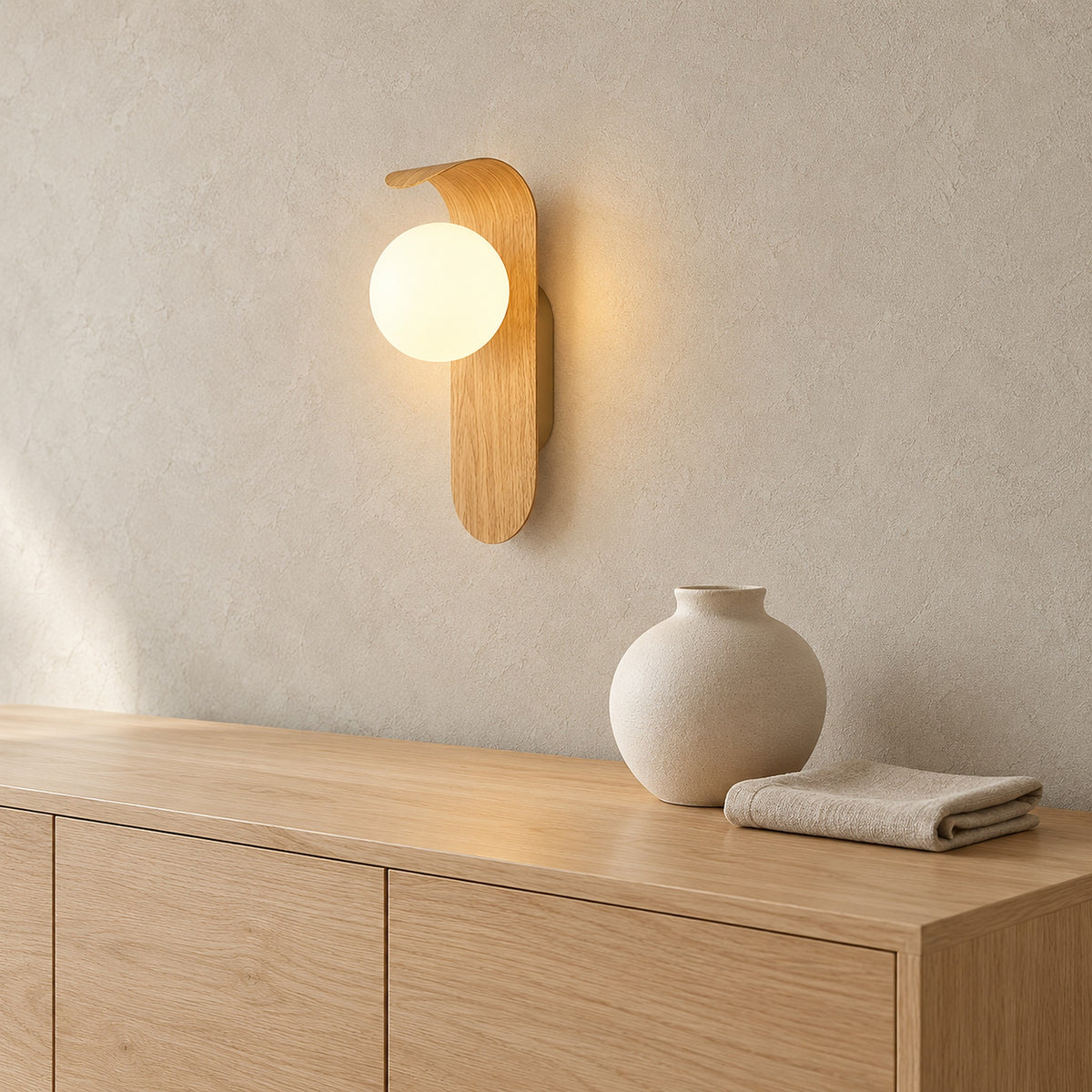 Arcelmo light wood hardwired wall light glowing above the corner of a dining sideboard #color_light wood