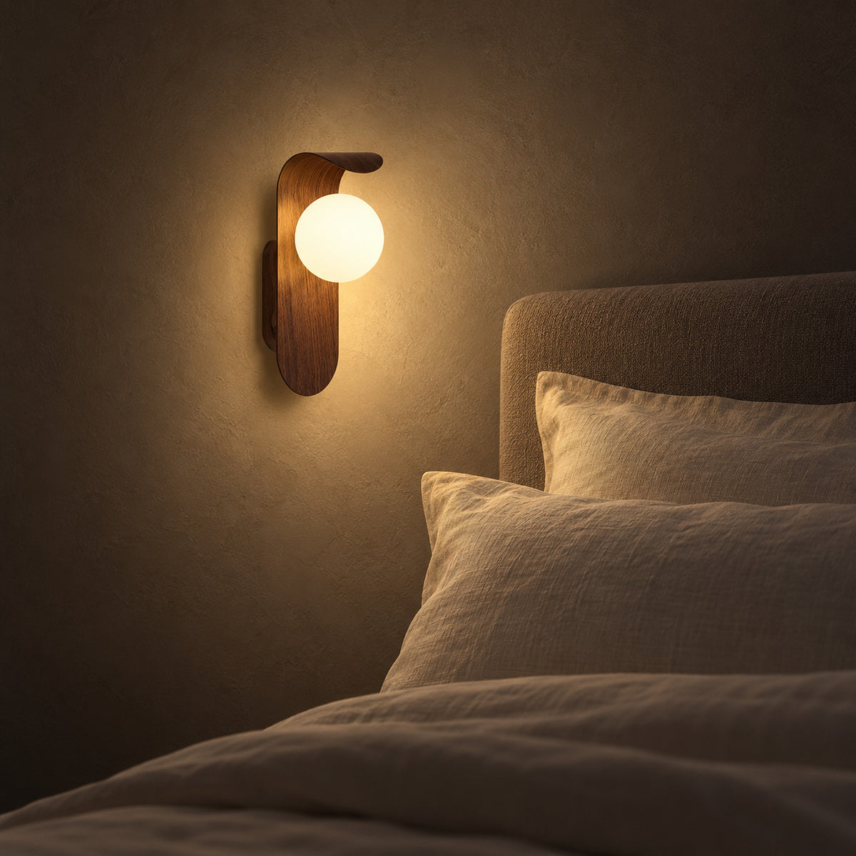 Arcelmo walnut wall lamp casting warm globe light above bedroom pillows at night