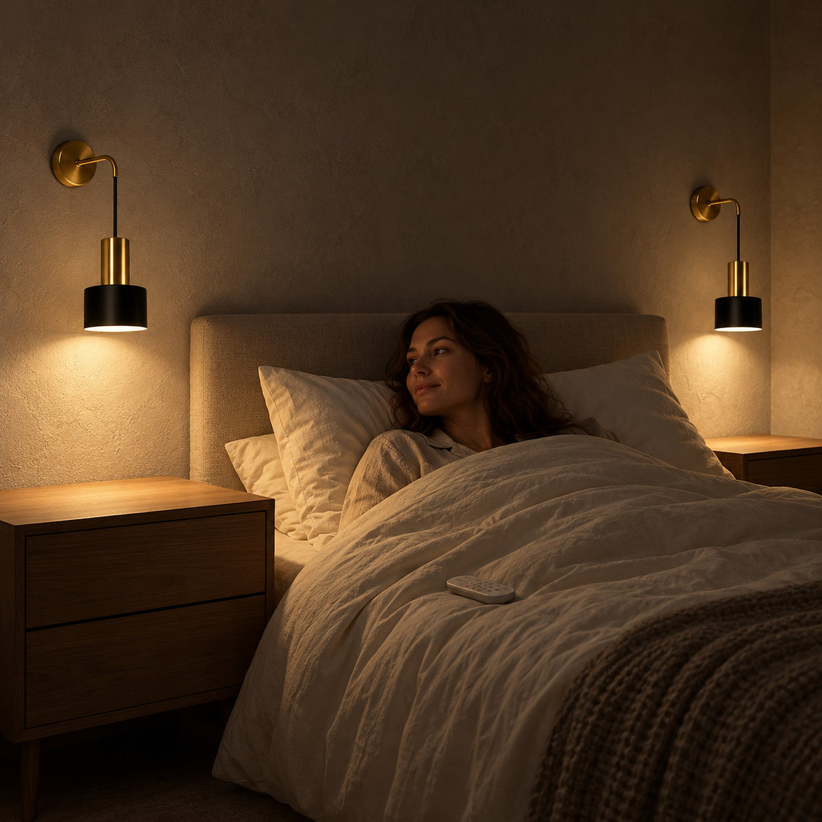 Arsomel black and gold bedside wall light lit at night with the remote control within reach