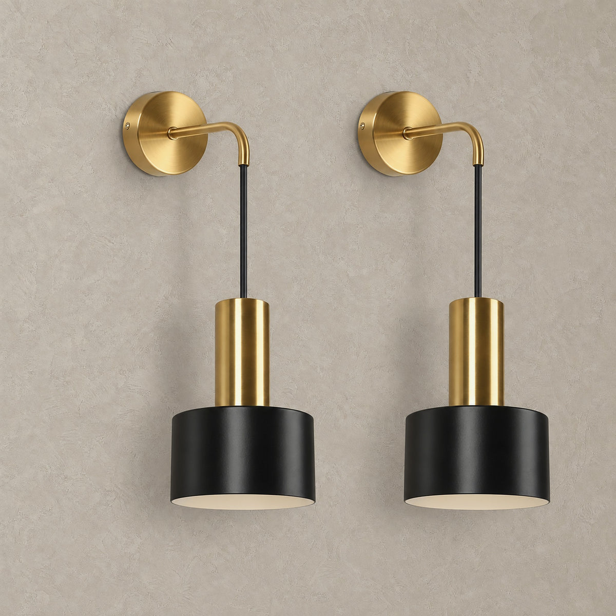 Arsomel black and gold rechargeable wall sconce pair shown unlit on a plain background