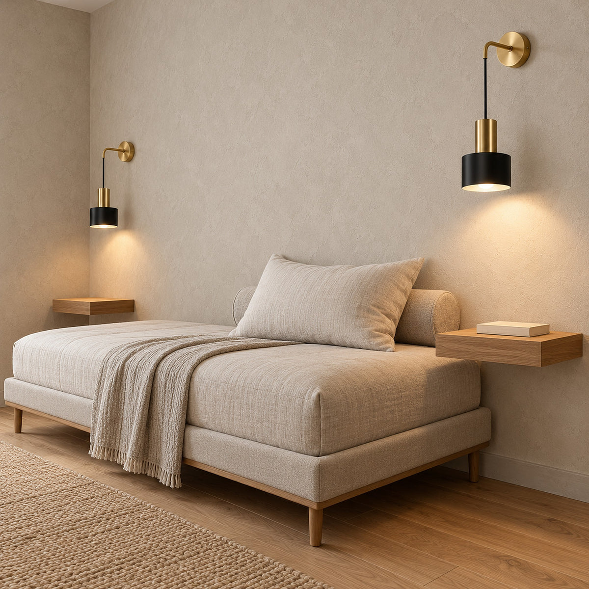 Arsomel black and gold wall sconce pair with light falling from the open shade bottoms by a daybed