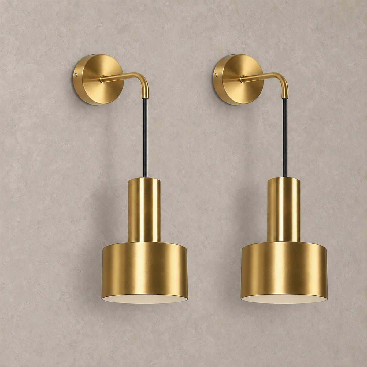 Arsomel gold rechargeable wall sconce pair with matching gold shades on a plain background #color_gold