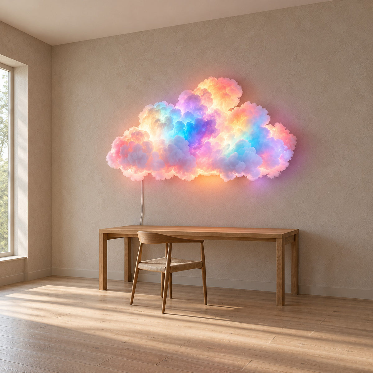 Arvimo LED cloud light in white glowing in mixed colors above a home office desk
