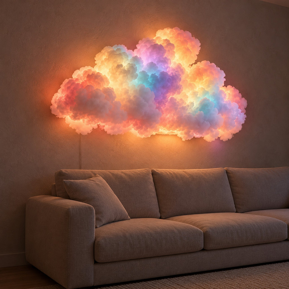 Arvimo LED cloud light in white glowing above the sofa in afternoon light