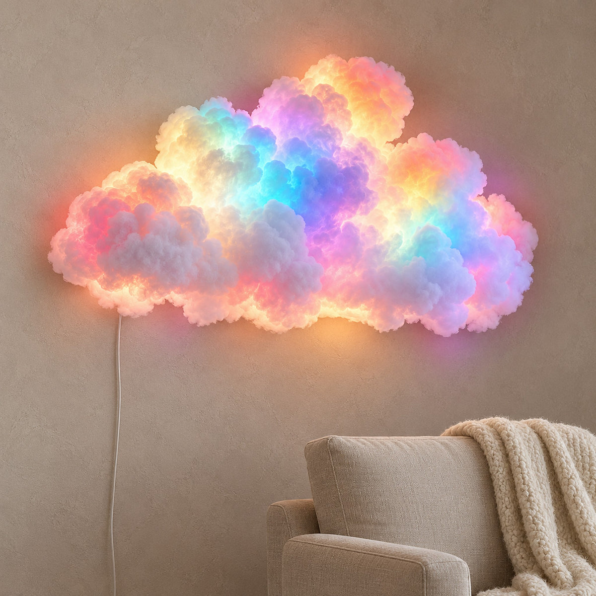 Arvimo LED cloud light in white lit, its thin USB cable running down