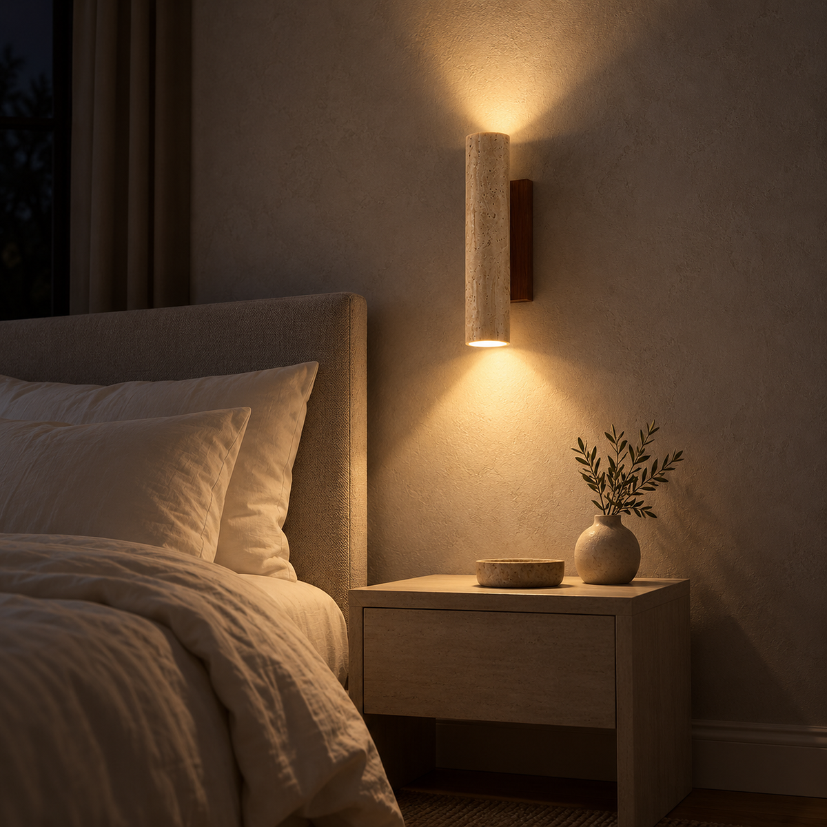 Asemiro walnut wood and yellow travertine bedside wall light casting warm light above and below