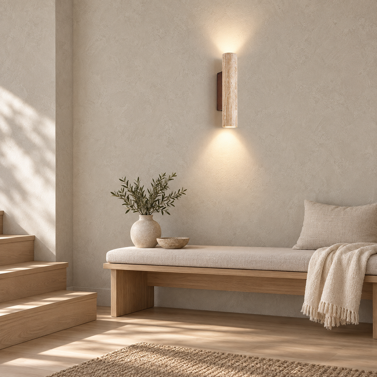 Asemiro walnut wood and yellow travertine hardwired wall sconce lighting a stair landing