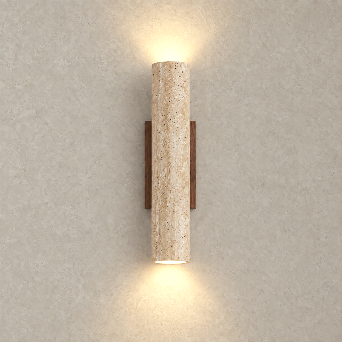 Asemiro dark wood and beige travertine hardwired wall light glowing warm at both ends