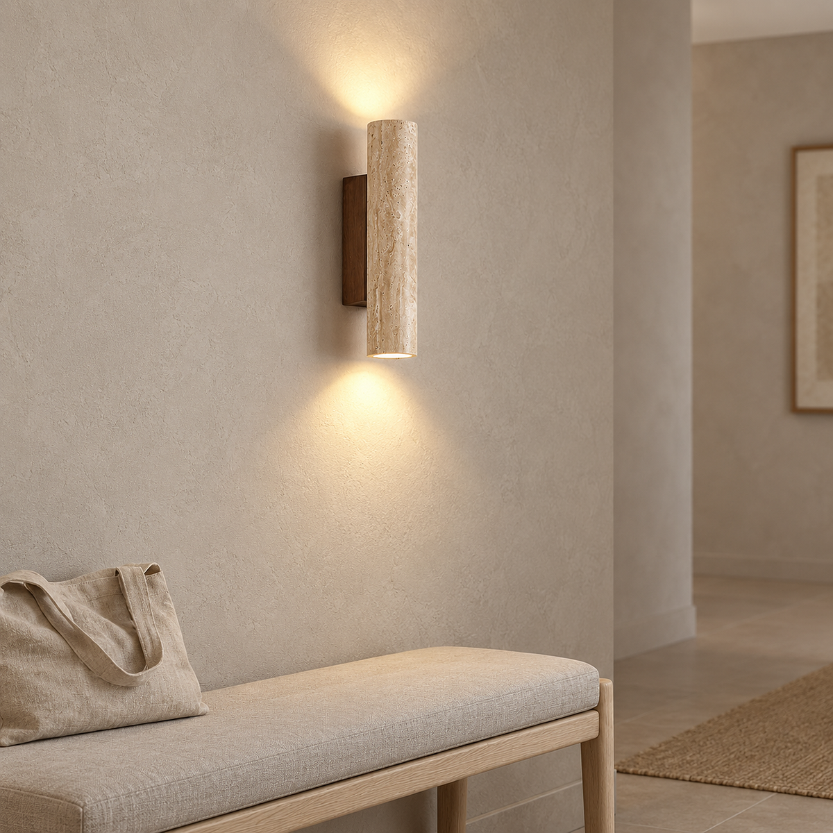 Asemiro dark wood and beige travertine hardwired wall light mounted above a hallway bench