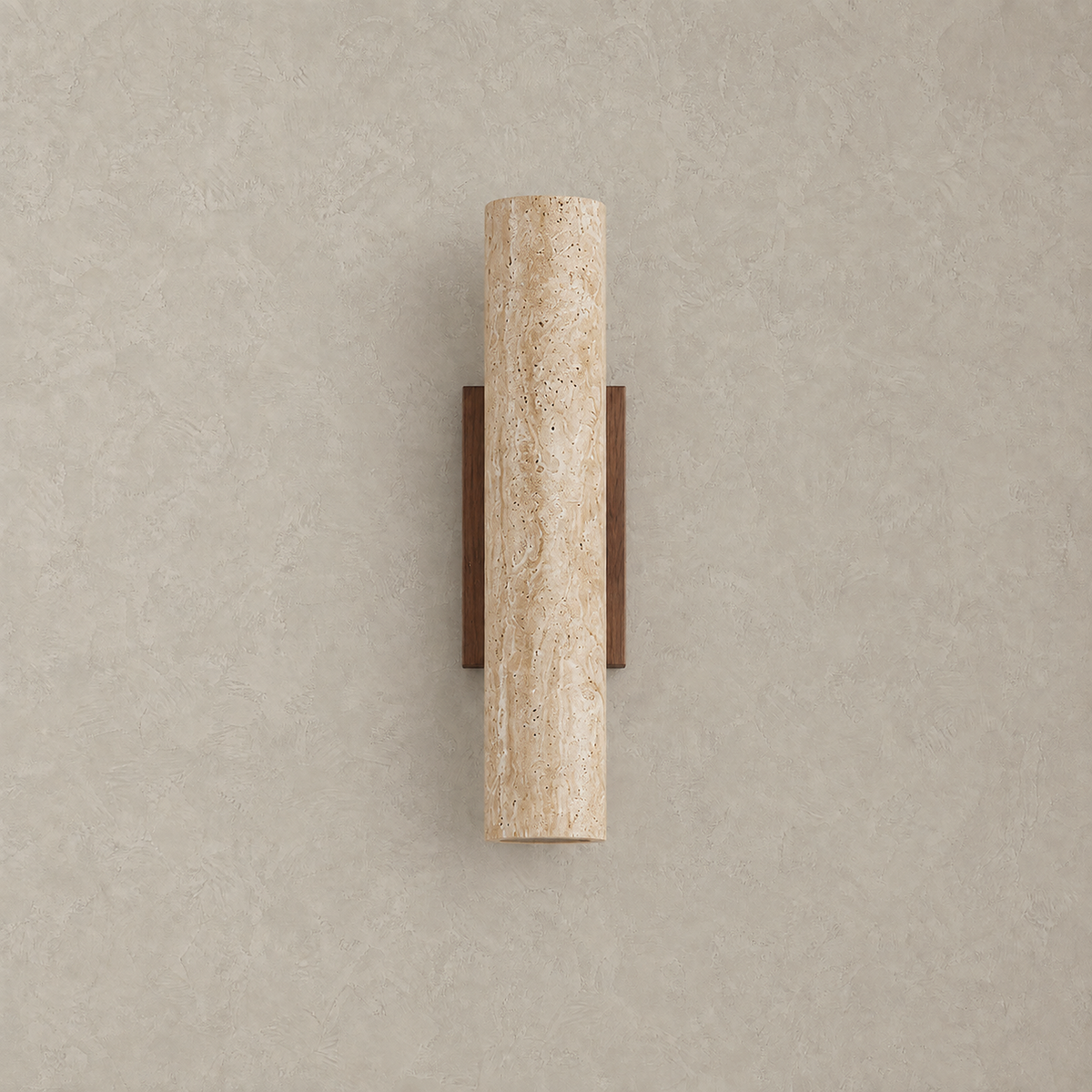 Asemiro dark wood and beige travertine hardwired wall sconce unlit on warm greige plaster