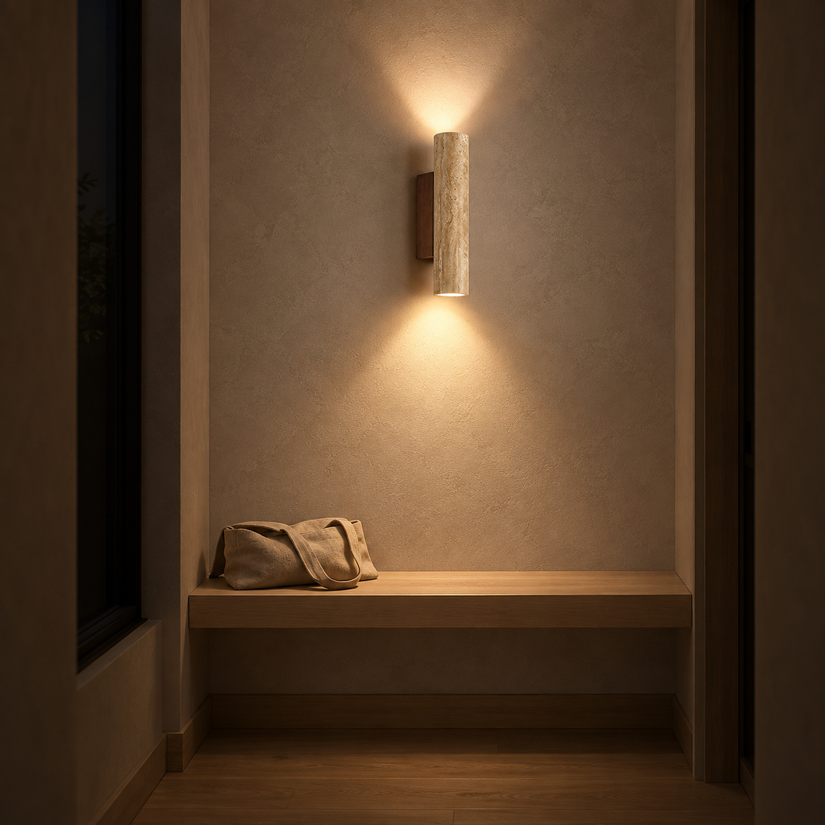 Asemiro dark wood and beige travertine wall lamp lighting a narrow hallway with warm light at night