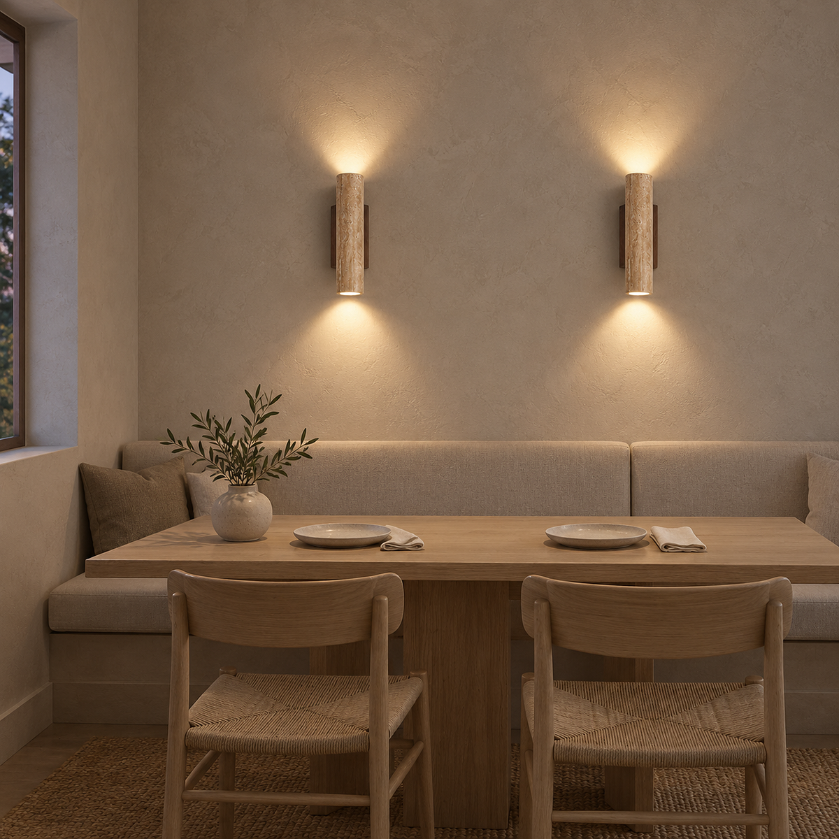 Asemiro walnut wood and yellow travertine wall lamps casting warm pools over a dining banquette