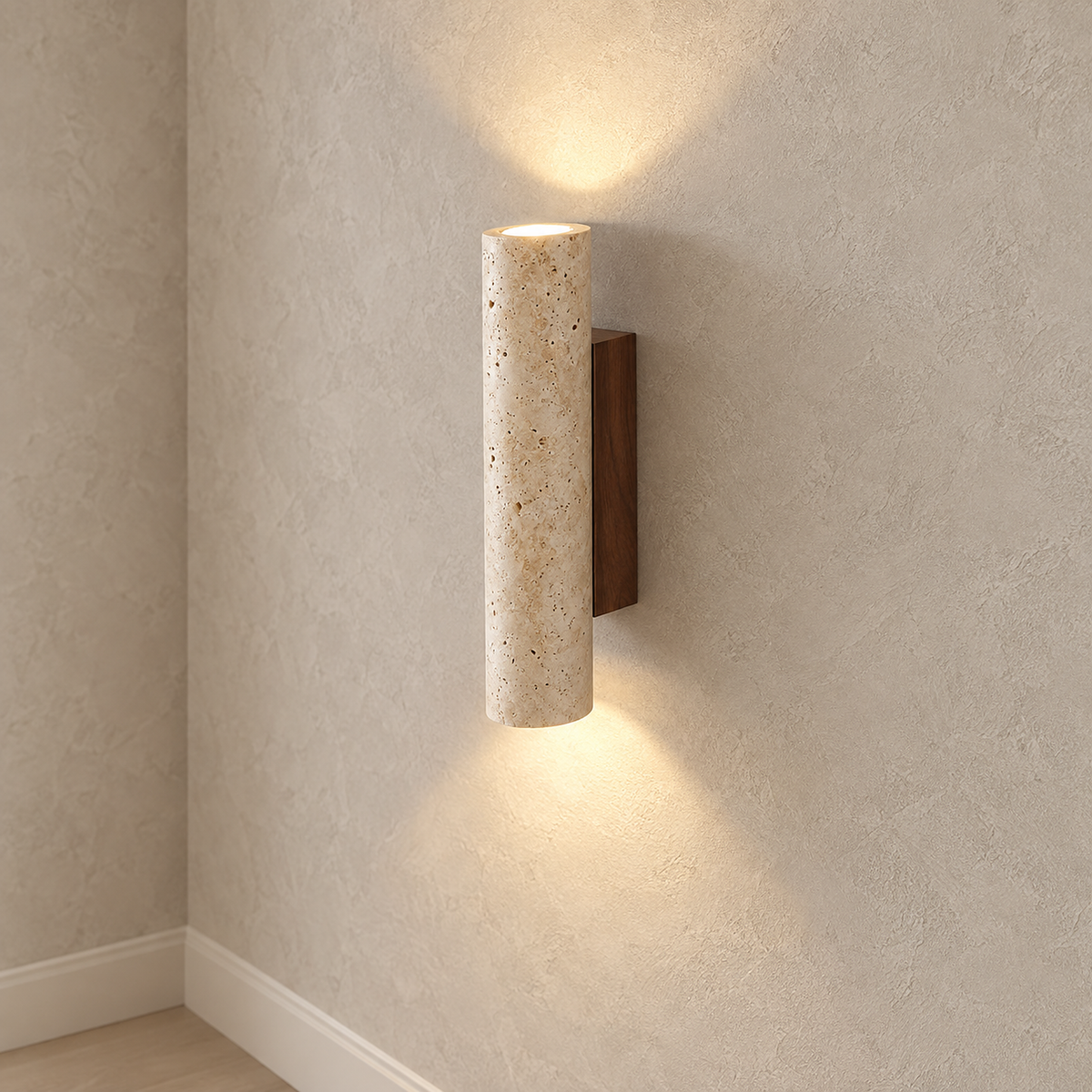 Asemiro dark wood and beige travertine wall light showing its lit upper opening up close