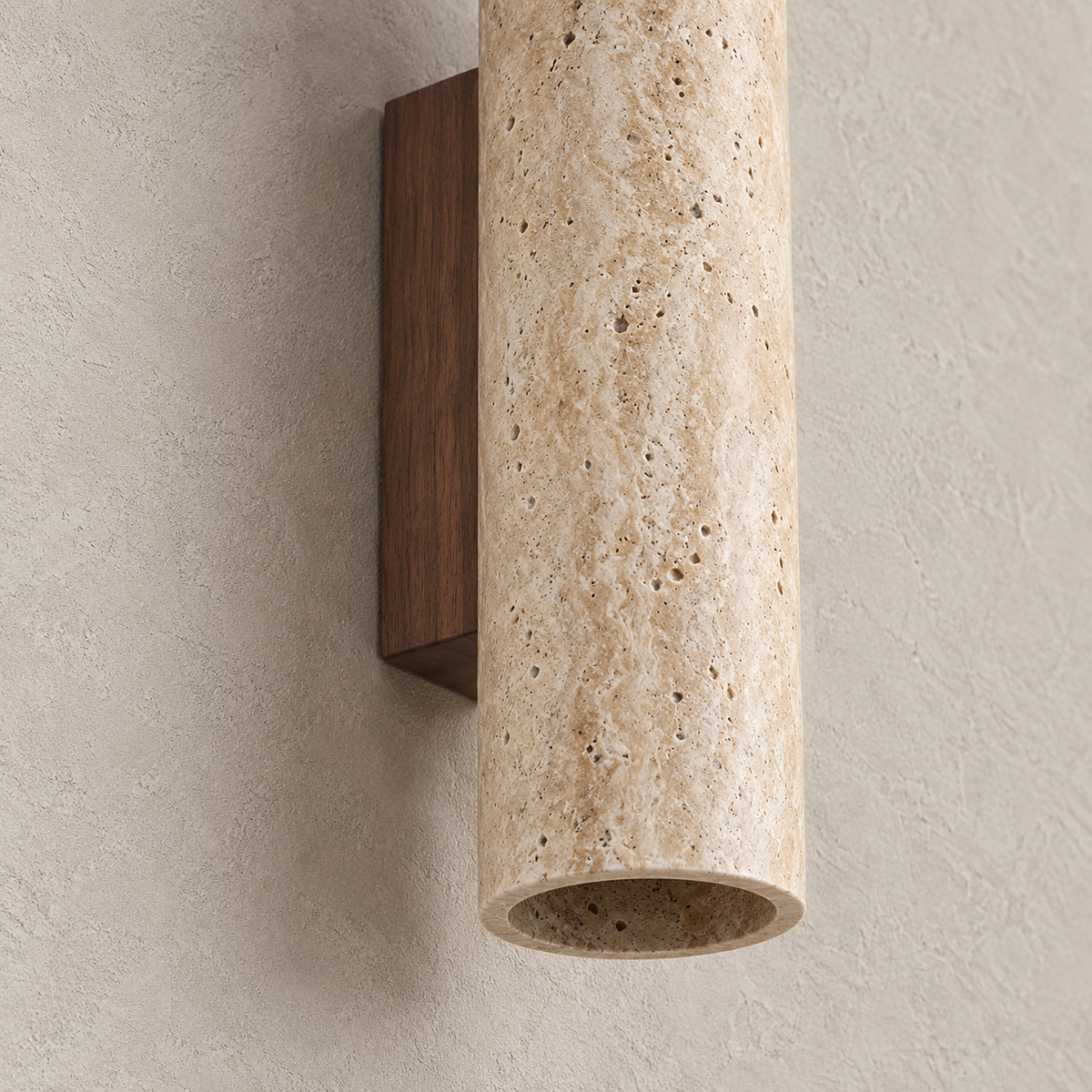 Asemiro dark wood and beige travertine wall sconce close up on its lower opening and pitted stone