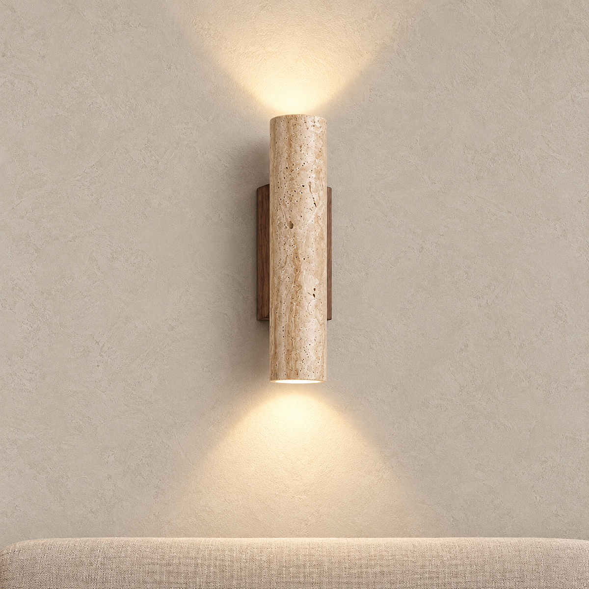 Asemiro dark wood and beige travertine wall sconce lighting plaster beside a living room sofa