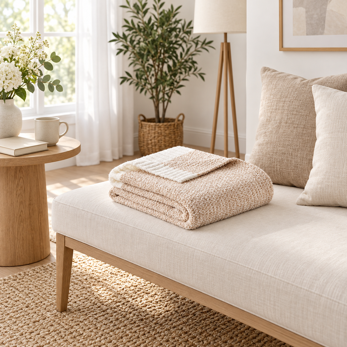 Calemira cream beige soft throw blanket folded beside a book on an upholstered bench #color_cream beige