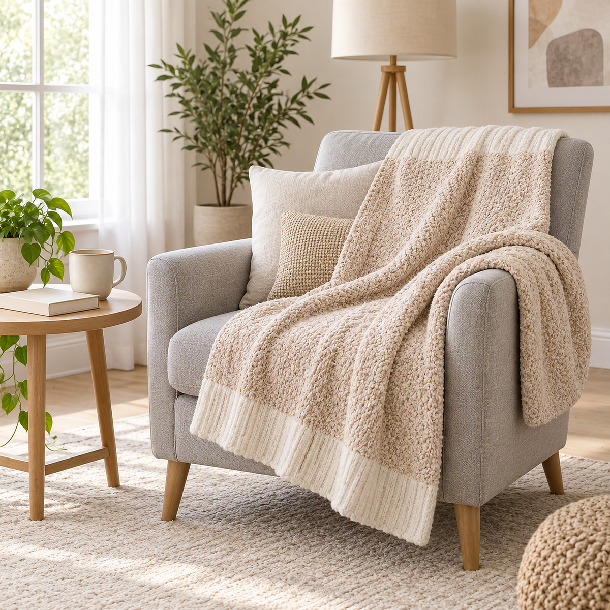 Calemira cream beige throw blanket for couch in a heathered knit over a chair arm in a morning corner #color_cream beige