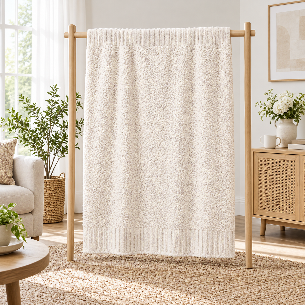 Calemira ivory throw blanket with a heathered knit look hanging open from a wooden rail in a sitting room