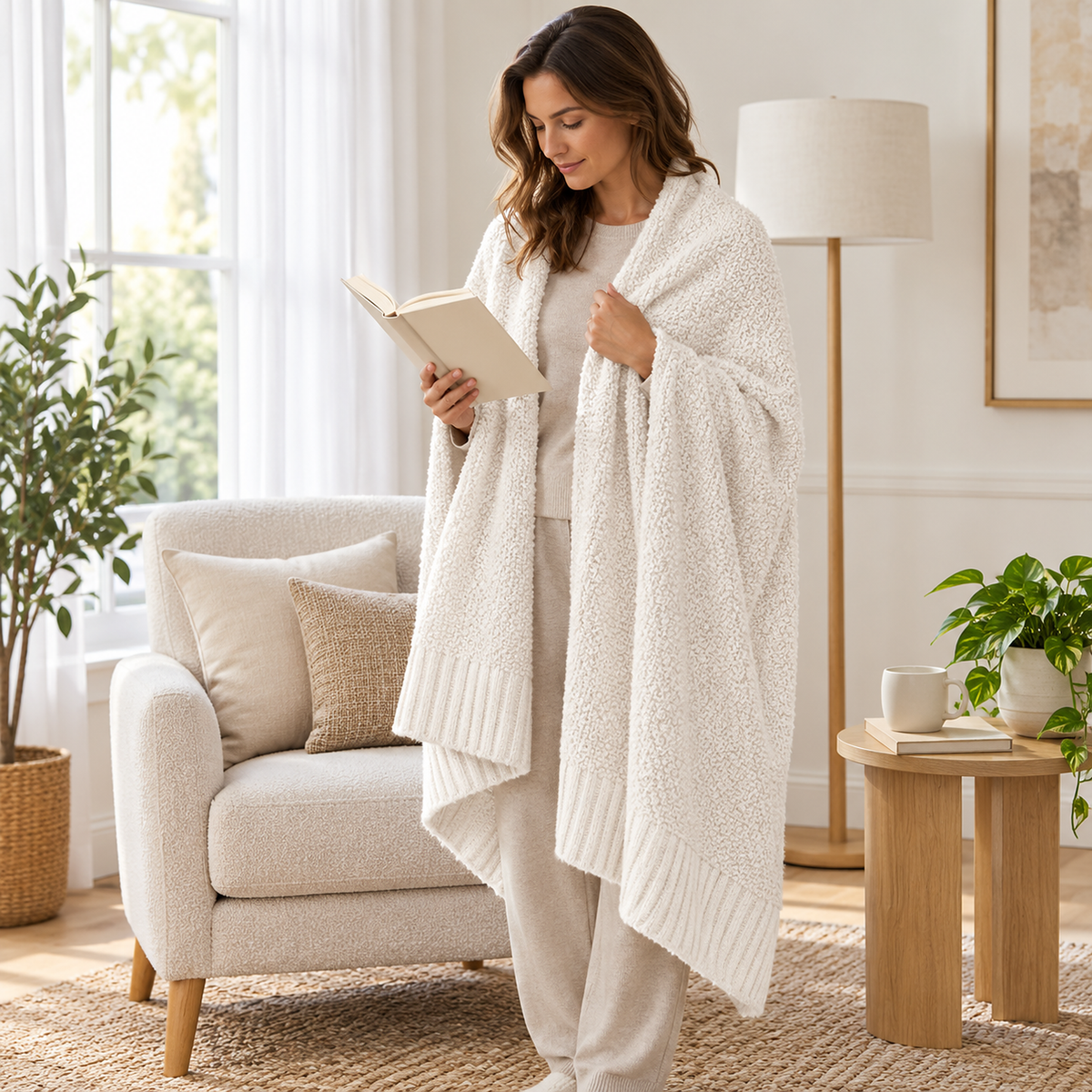 Calemira ivory throw blanket wrapped around an adult reading a book in a bright landing nook